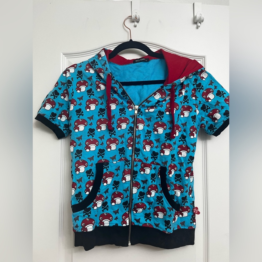 Hell Bunny Hoodie MED Blue Knit Red Mushrooms Hearts Skulls Bones Short Sleeves